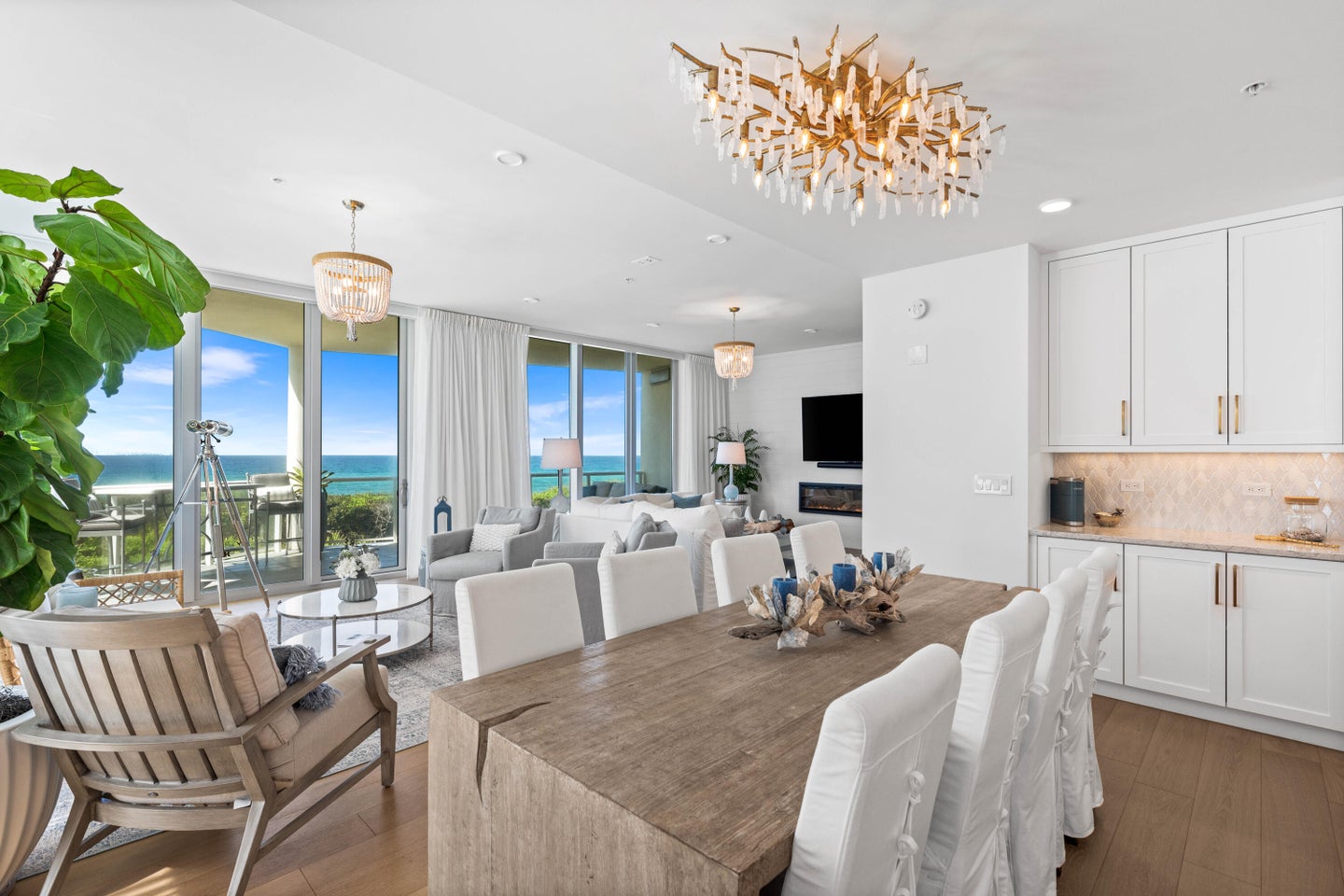 Dining room and living room with gulf views